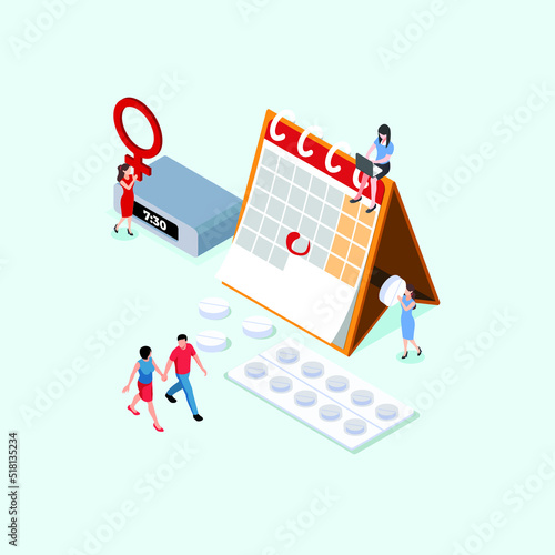 Woman with her husband Apply Oral Contraceptives for Birth Fertility Control isometric 3d vector illustration concept for banner, website, illustration, landing page, flyer, etc.