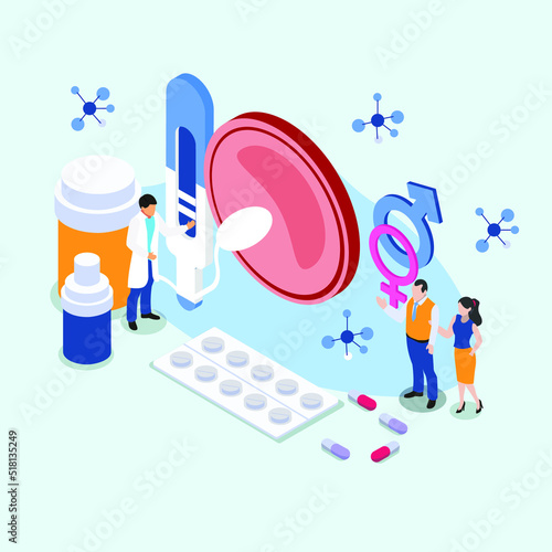 Couple consult to a doctor for the right birth control isometric 3d vector illustration concept for banner, website, illustration, landing page, flyer, etc.