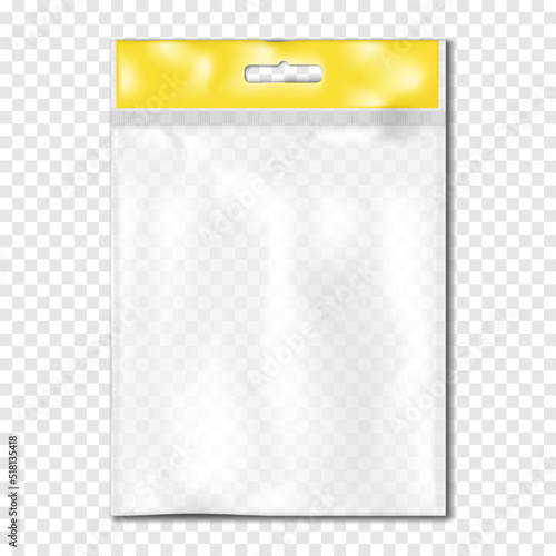 Clear plastic pouch with euro slot hanger on transparent background vector mock-up. Blank empty flat sachet packet realistic mockup. Template for packaging design