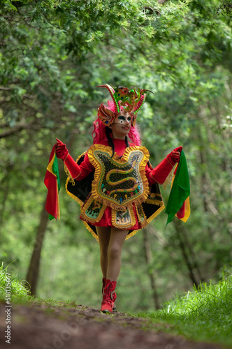 Hispanic woman, Bolivian, performing a dance with handkerchiefs, concept of traditional Latin American dances.