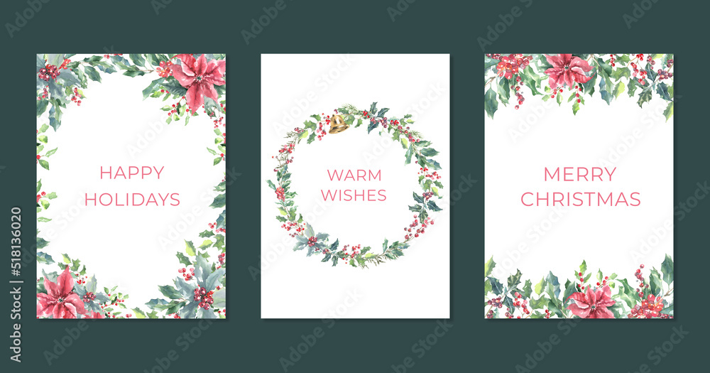 Merry Christmas Watercolor Greenery frame, wreath, bouquet illustration card set. Spruce,poinsettia, holly berry Happy new year,warm wishes lettering,text greeting card, invite,print,poster,design diy