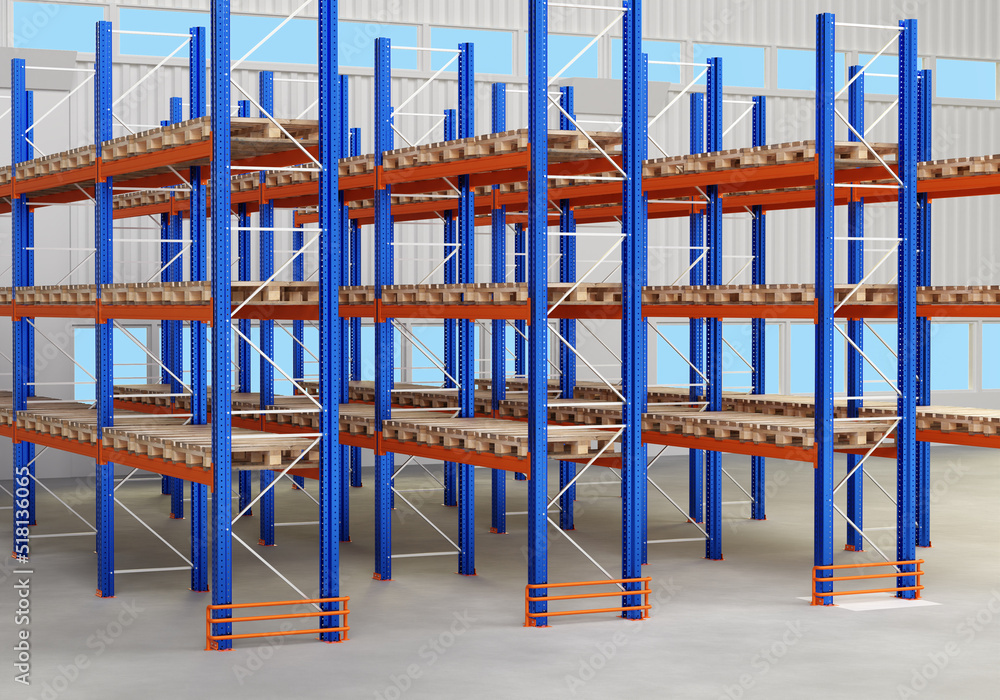 Warehouse furniture. Multi-tier warehouse racks. Blue construction for long term storage. Racks for storing goods on pallets. Mezzanine construction. Warehouse furniture sale concept. 3d image.