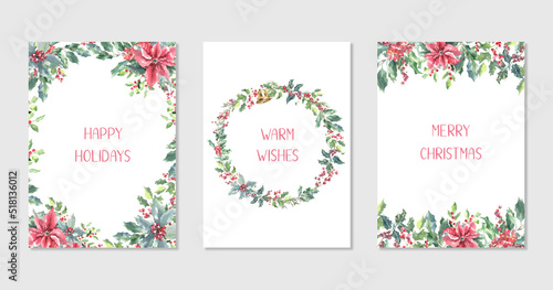 Merry Christmas Watercolor Greenery frame  wreath  bouquet illustration card set. Spruce poinsettia  holly berry Happy new year warm wishes lettering text greeting card  invite print poster design diy