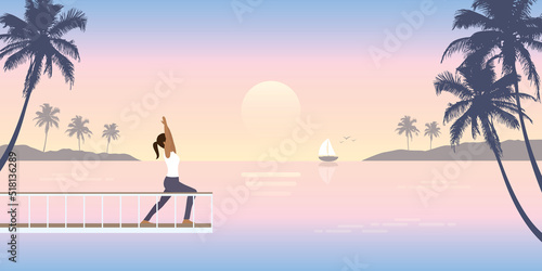 yoga girl on the bridge by the sea romantic holiday design