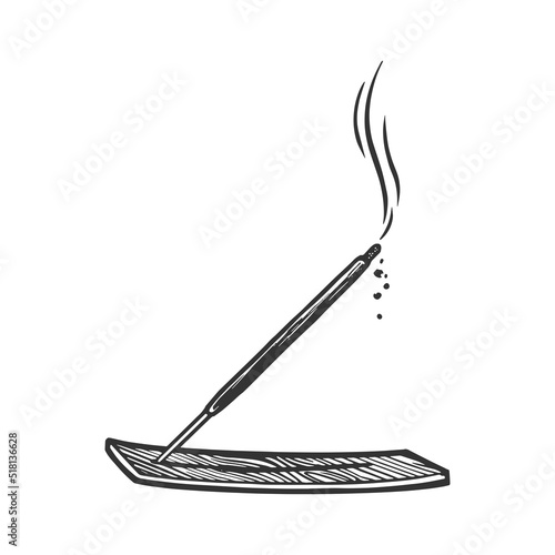 Incense smoking burning aroma stick sketch engraving vector illustration. T-shirt apparel print design. Scratch board imitation. Black and white hand drawn image.