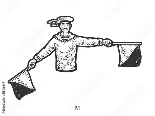Sailor mariner show flag semaphore alphabet letter M sketch engraving vector illustration. T-shirt apparel print design. Scratch board imitation. Black and white hand drawn image.