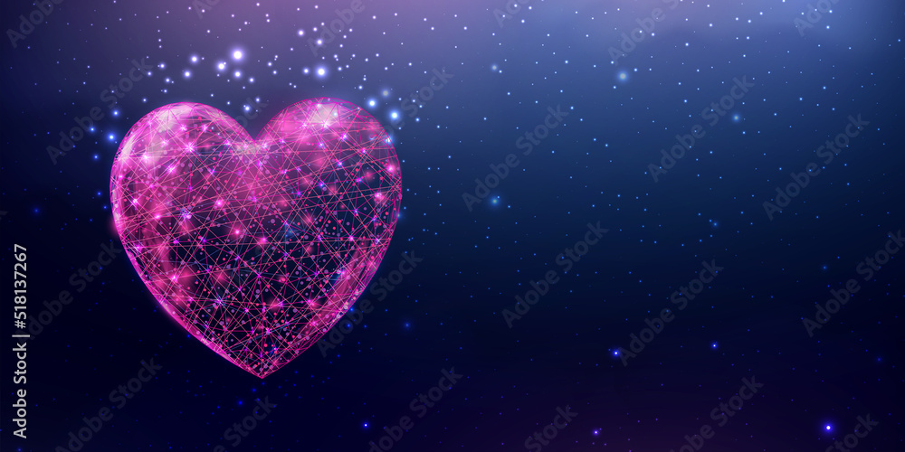 Wireframe pink heart, low poly style. Abstract modern 3d vector illustration on dark blue background.