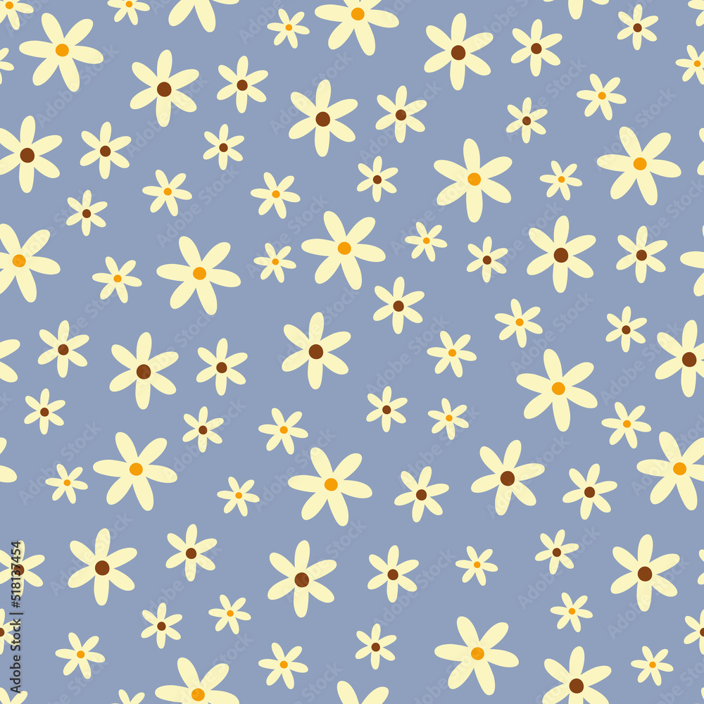 Cute blue floral seamless pattern. Botanical vector print with daisies. Textile background with flowers. Cute blue floral seamless pattern. Botanical vector print with daisies. Textile background with flowers.