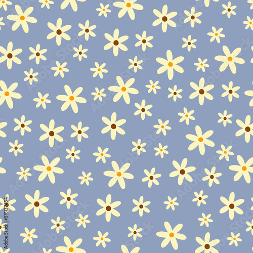 Cute blue floral seamless pattern. Botanical vector print with daisies. Textile background with flowers. 