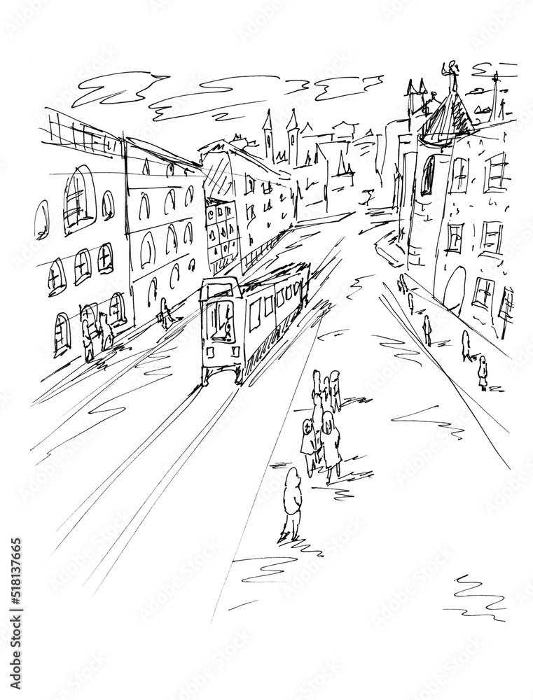 Sketch of old style city street with buildings and tram, people in black and white colors