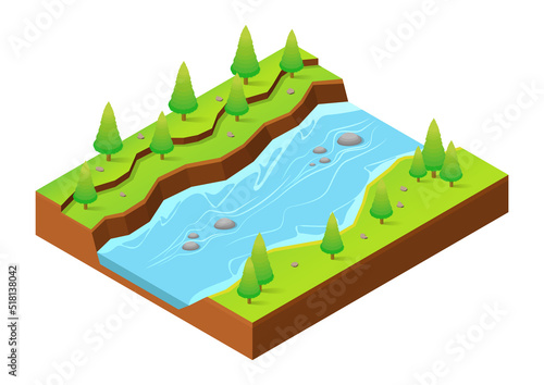 isometric river with trees