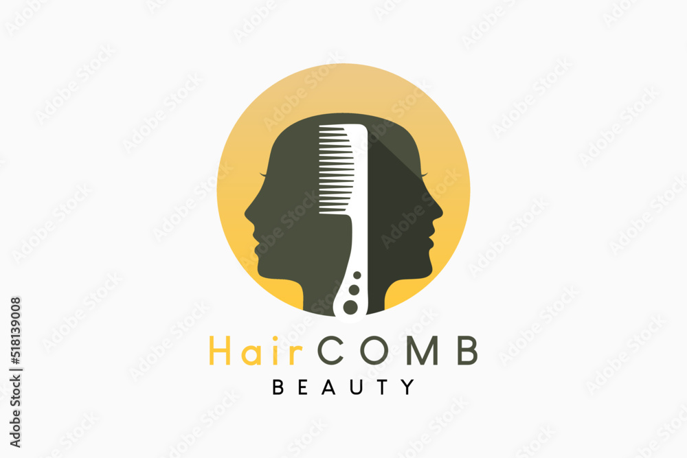 Hair comb logo design with silhouette combined with two female faces in dots