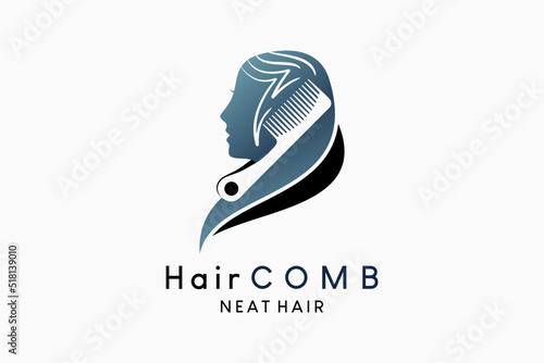 Hair comb logo design with silhouette blends with woman's hair in creative concept
