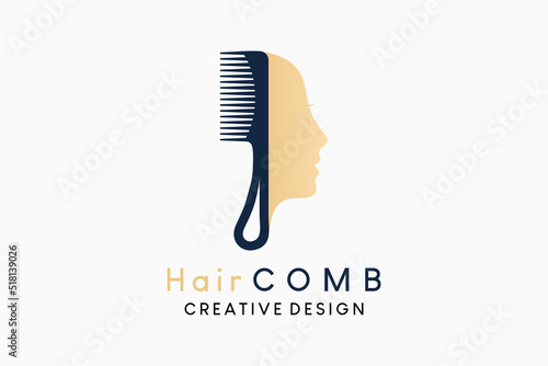 Hair comb logo design with silhouette of woman's face in creative concept
