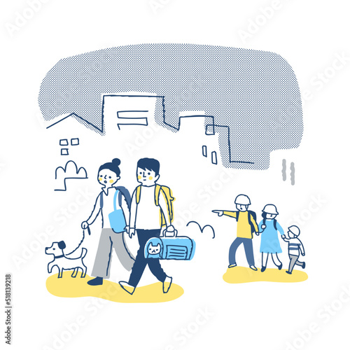 徒歩で避難所へ向かう家族とペット