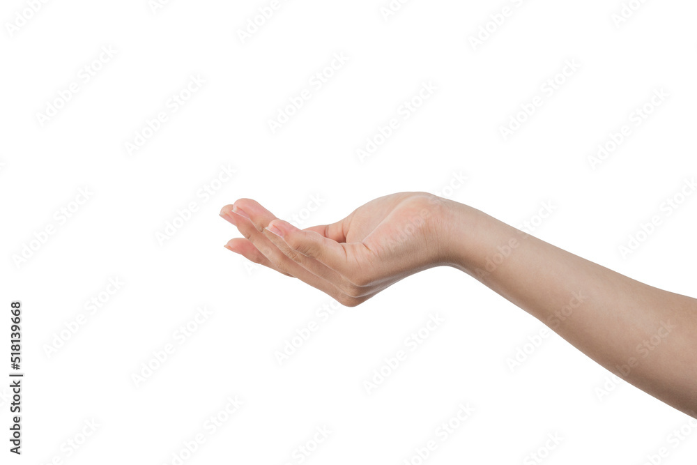 Woman's hand extended in the position of receiving something, with white background and copy space