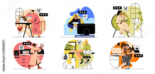 Set of people eating food at home. Men and women eat noodles, cake, Japanese rolls, pancakes and popcorn for lunch and relax in apartment. Cartoon flat vector collection isolated on white background