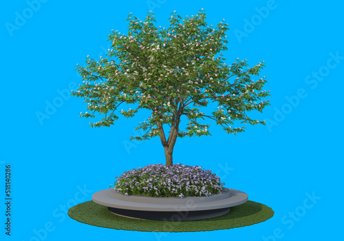 The tree has colorful flowers.  On a blue background