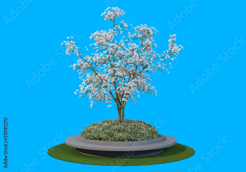 The tree has colorful flowers.  On a blue background