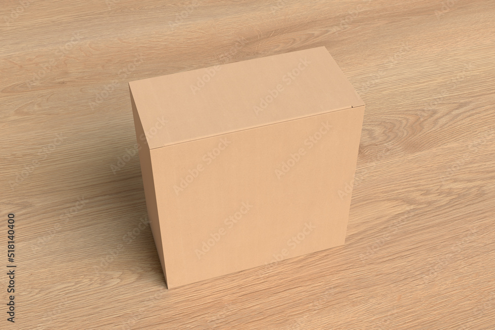 Cardboard box mock up. Square gift box on wooden background. Side view Cardboard box mock up. Square gift box on wooden background. Side view