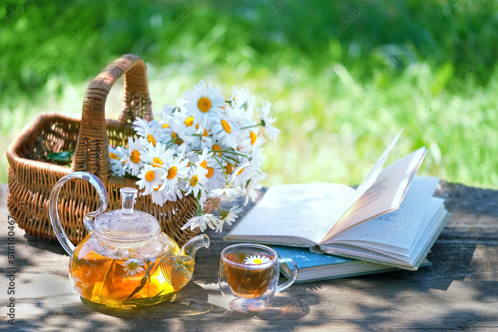 Chamomile flowers in basket, book, glass teapot and cup with herbal tea on table in garden, natural abstract green background. summer season. relax time. useful calming tea. - obrazy, fototapety, plakaty 
