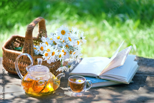 Chamomile flowers in basket, book, glass teapot and cup with herbal tea on table in garden, natural abstract green background. summer season. relax time. useful calming tea.
