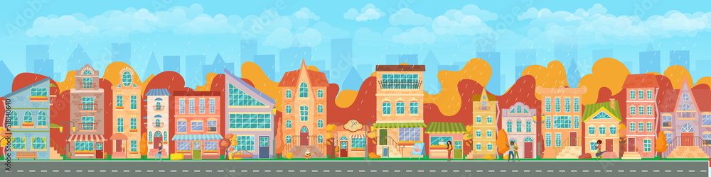 City street. Panoramic cityscape with bright houses, walking pedestrians, autumn trees. Shop and stores. Autumn city. Vector illustration in cartoon style.