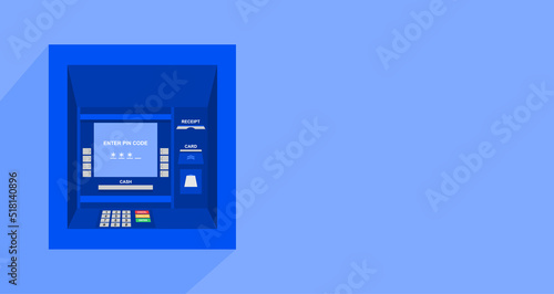 Blue ATM on blue background with copy space. Vector illustration