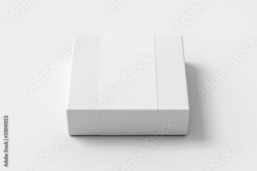 Square box mock up with blank paper cover label: White gift box on white background. Front view.