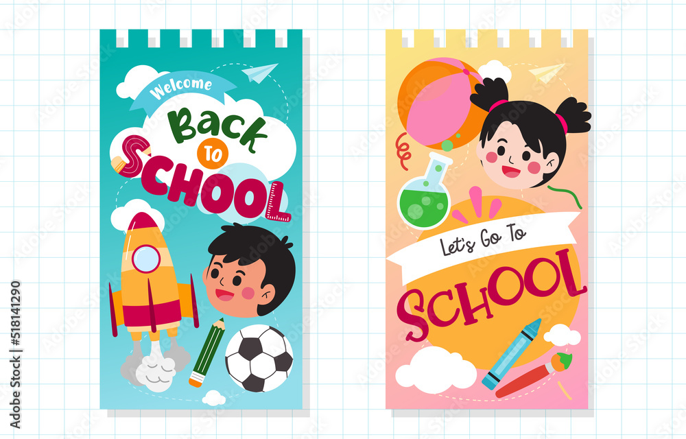 Fototapeta premium Girl And Boy With Back To School Template, Vector