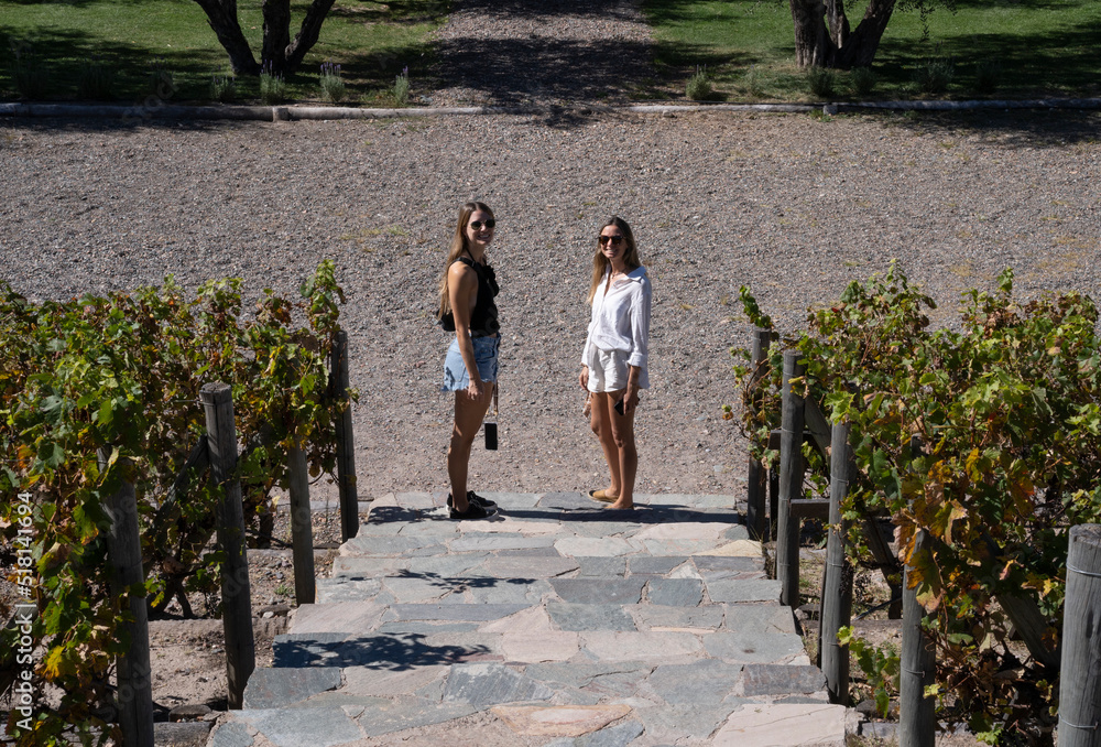Portrait of two young woman in the vineyard. 