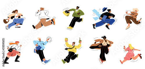 Set of busy people late. Young men and women entrepreneurs hurrying, quickly run to work or meeting and do business on go. Time management. Cartoon flat vector collection isolated on white background