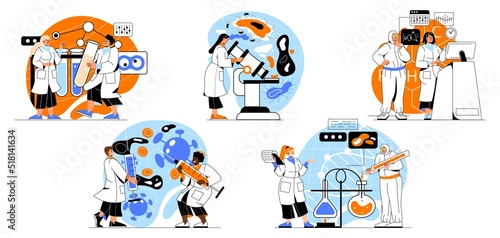 Set of scientists conduct research. Young male and female doctors or microbiologists develop vaccine, conduct experiment or medical test. Cartoon flat vector collection isolated on white background