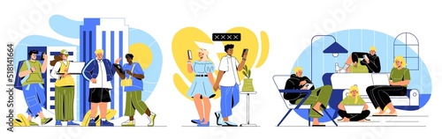 Internet Addiction Concept. Family with children, couple in love or friends with digital devices surfing on social networks. Characters suffer from lack of live communication. Cartoon flat vector set