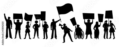 Various protesting people with posters and flags. Silhouette style.