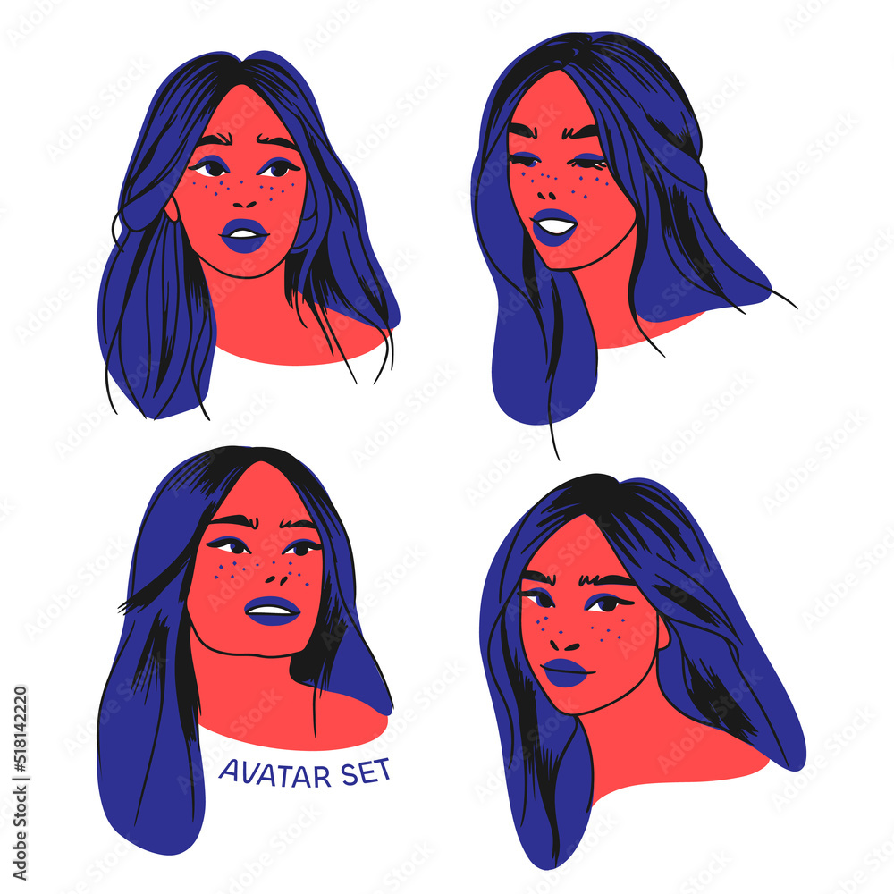 Set portrait of a girl with blue hair from different angles, with different facial expressions, doodle Set portrait of a girl with blue hair from different angles, with different facial expressions, doodle