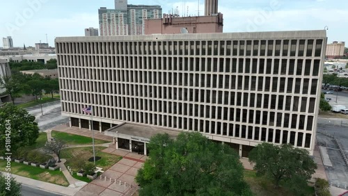 Aerial of USA Federal Building. American flag at government offices. FBI, CIA, Homeland Security, Social Security Administration, IRS building. photo
