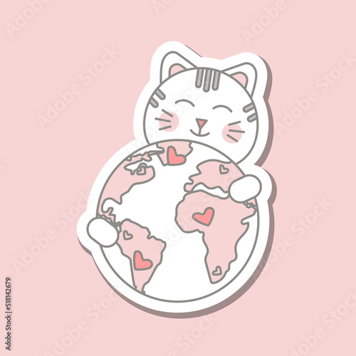 Sticker International Cat Day with a cat hugging the globe