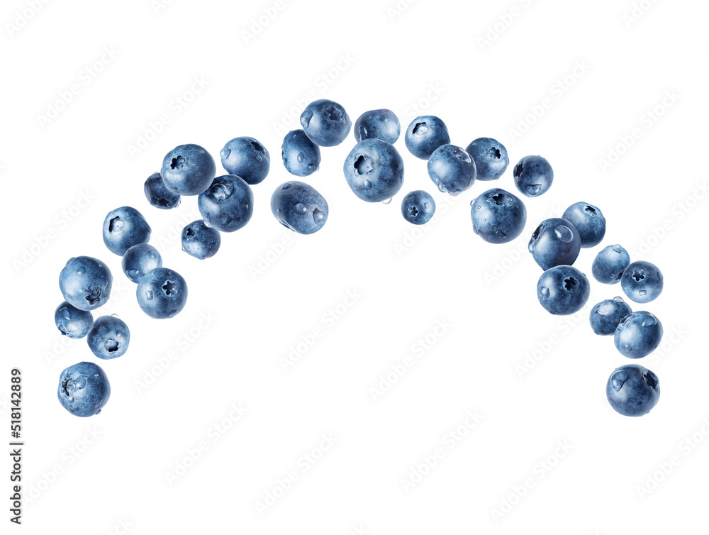 Wet blueberries in the air closeup isolated on a white background Wet blueberries in the air closeup isolated on a white background