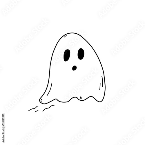 Hand drawn monochrome cute flying ghost doodle style, vector illustration isolated on white background. Black outline, decoration for halloween design