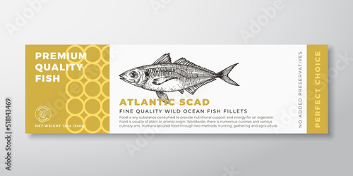 Premium Quality Atlantic Scad Vector Packaging Label Design Modern Typography and Hand Drawn Fish Silhouette Seafood Product Background Layout
