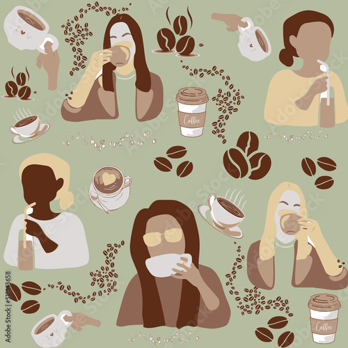 Seamless pattern with elements of coffee and coffee beans.