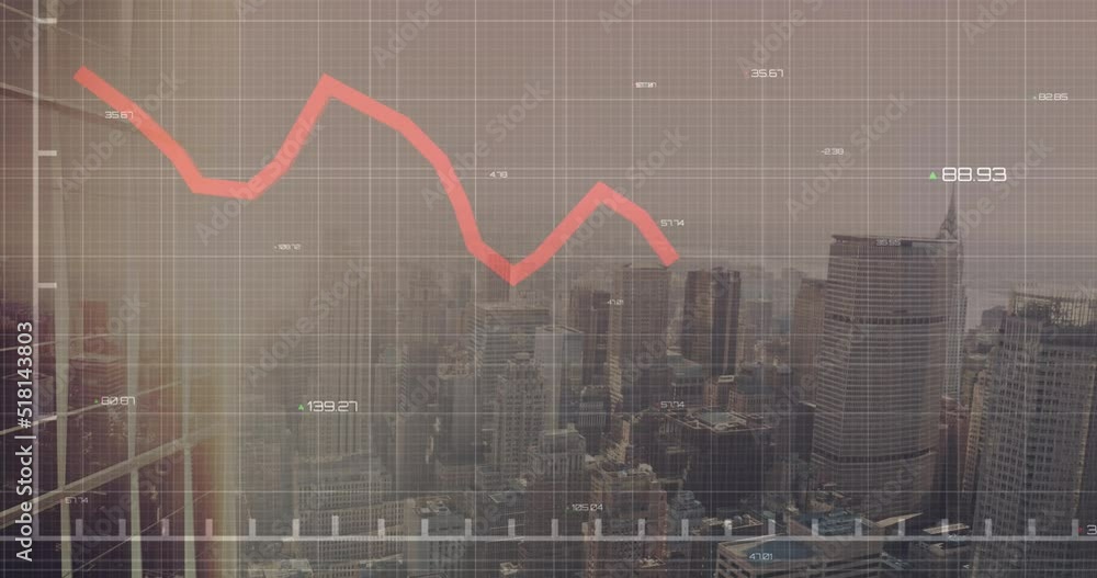 Animation of financial data processing with red lines over cityscape Animation of financial data processing with red lines over cityscape