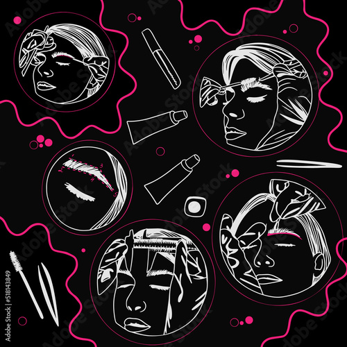Eyebrow lamination and correction set, microblading hand drawn illustration, cosmetic procedure process, doodle