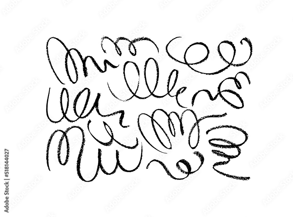 Obraz premium Black swirled charcoal lines collection. Scribble curly brush strokes vector set. Dry black charcoal or pencil lines. Hand drawn calligraphy swirls, thin squiggles. Doodle style sketches.