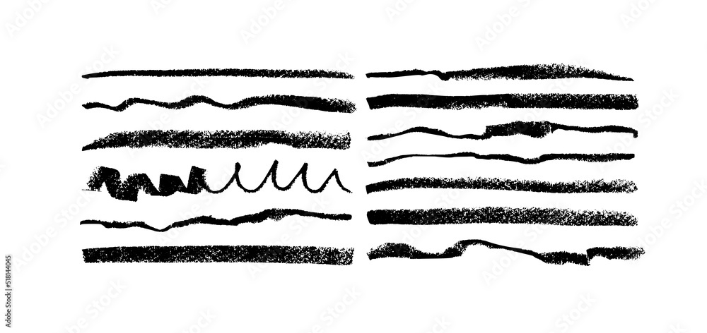 Black charcoal lines isolated on white background. Vector horizontal strokes with noisy texture. Grunge design elements. Set of black graphite straight and curly lines. Simple brush strokes set. 