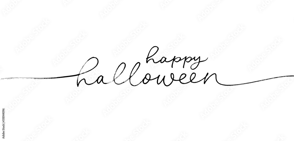 Happy Halloween vector line lettering. Holiday calligraphy, hand drawn black brush lettering. Phrase for banner, poster, greeting card, party invitation. Modern simple calligraphy isolated on white.