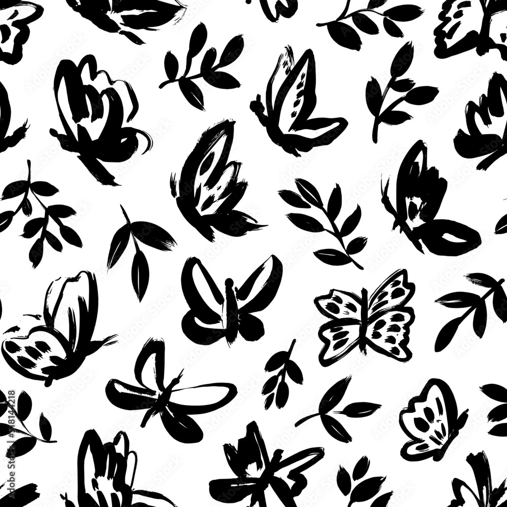 Hand drawn different butterflies seamless pattern. Black and white vector ornament with brush strokes style elements. Stylish graphic texture. Monochrome ornament. Butterflies and branches with leaves Hand drawn different butterflies seamless pattern. Black and white vector ornament with brush strokes style elements. Stylish graphic texture. Monochrome ornament. Butterflies and branches with leaves