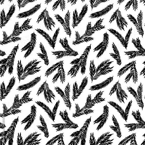 Black spruce branches vector seamless pattern. Botanical Christmas seamless background with fir tree twigs. Foliage ornament. Vintage hand drawn pattern in rustic style. Black brush painted silhouette