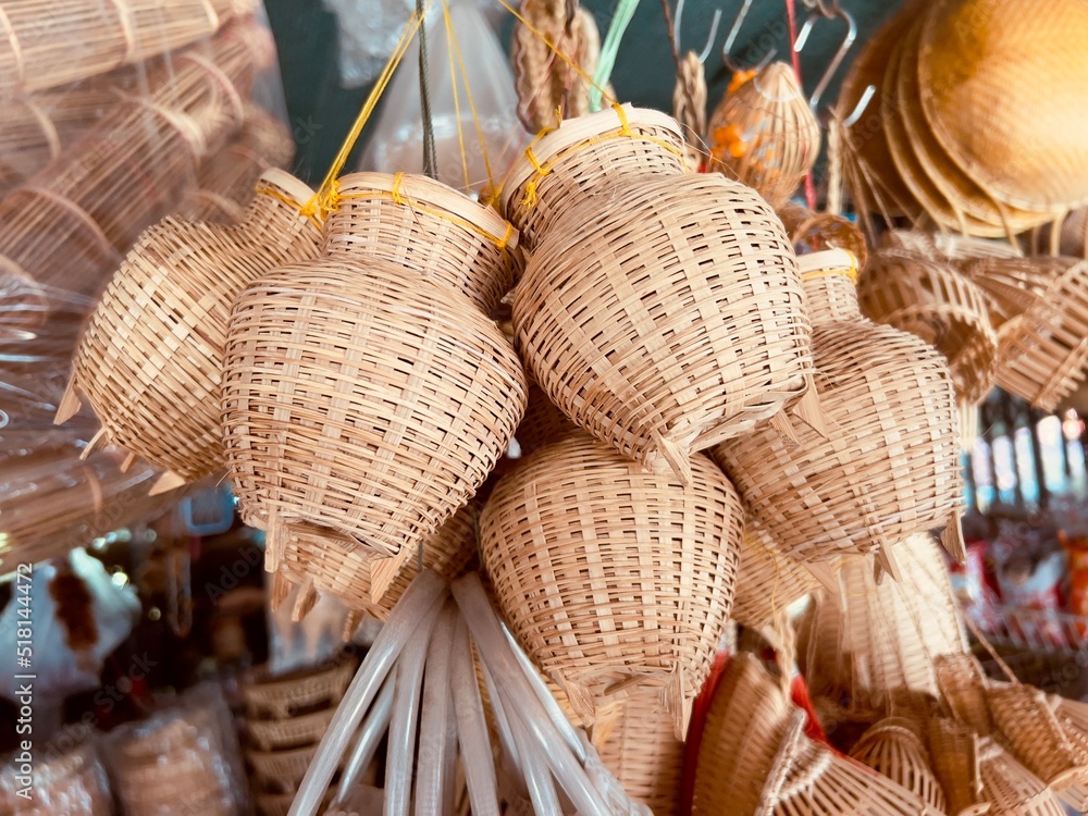 Basket wicker handmade craft in community market , 2 August 2022 , Buriram province.